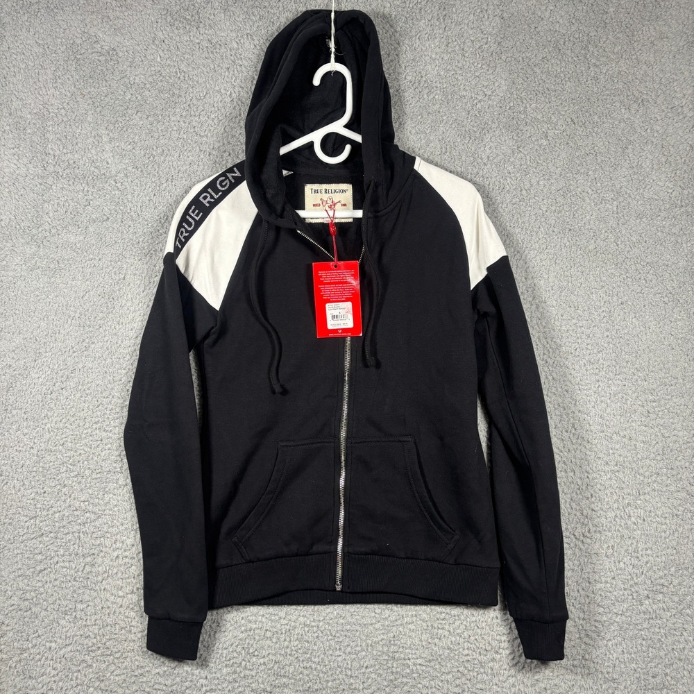 True Religion Hoodie Women Small Black Colorblock Zip Up Logo Streetwear Sweat